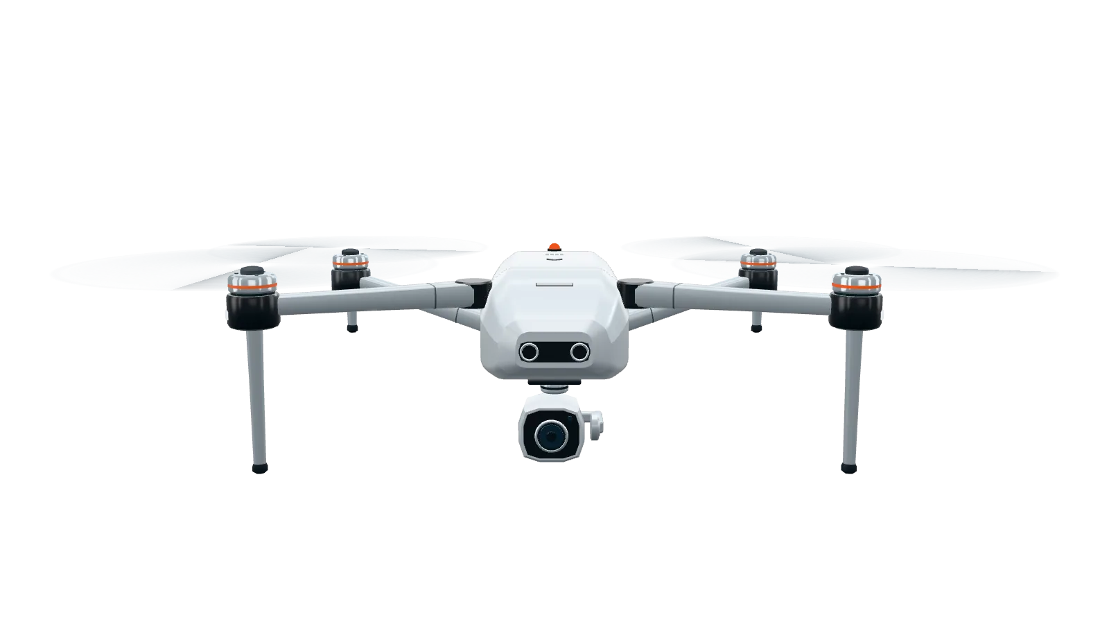 Drone quadricóptero branco com câmera estabilizada, pairando de frente, com os rotores em movimento.