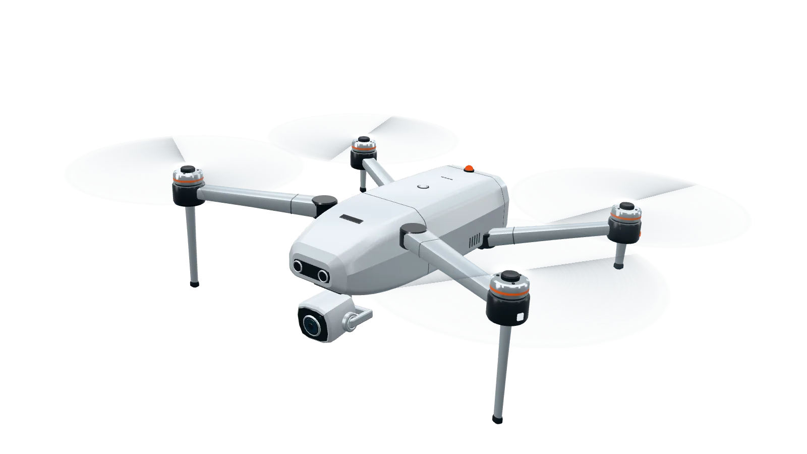 Drone em vista de três quartos, levemente inclinado em curva.